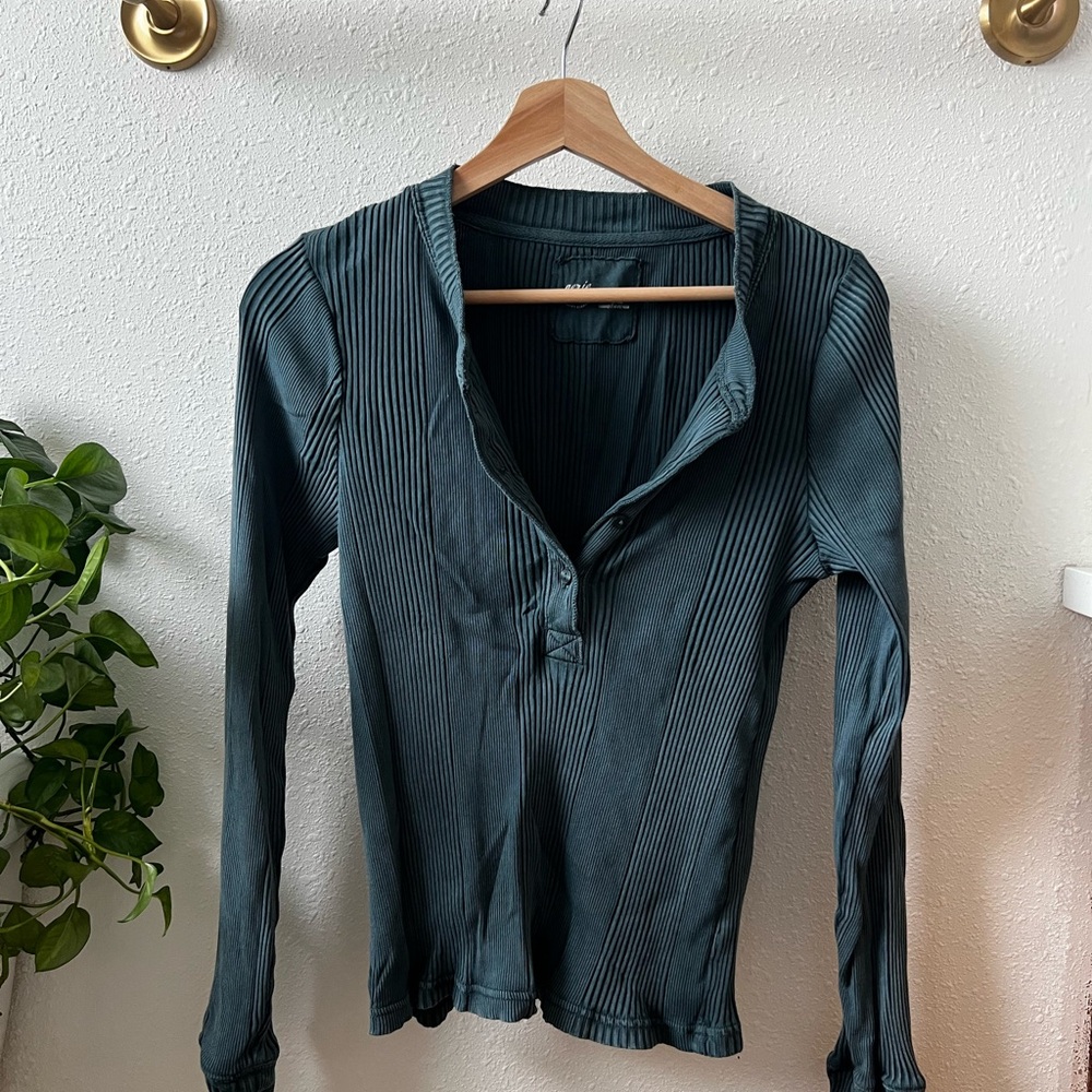 Aerie Long-Sleeve Ribbed Henley Top in Teal
